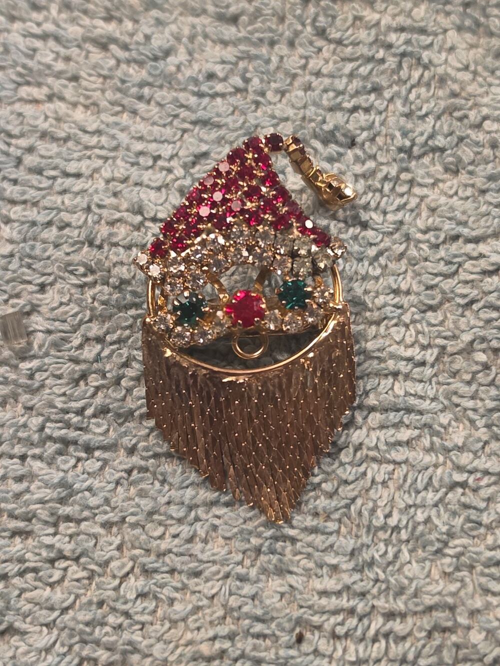 Vintage Mid Century Rhinestone Santa Claus Brooch Fringe Tassel Beard Christmas